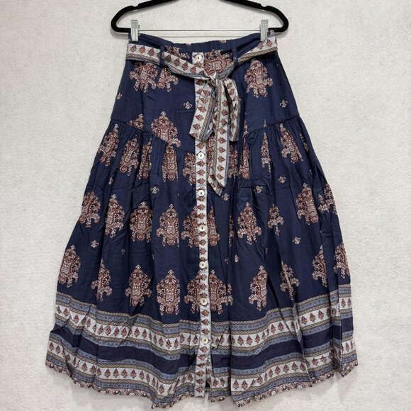 Sundance Skirt Womens Small Blue Boho Paisley Button Front Midi Lined Belted - Picture 1 of 7